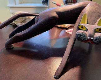 Hand-carved, wooden sculpture of a cat from Oaxaca, Mexico