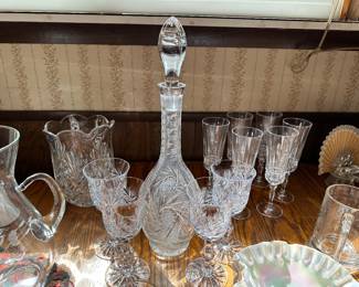 Vintage Cut Glass Decanter w/ Matching Wine Glasses
