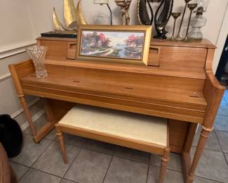 Upright Piano, MCM decor, vintage oil lamp