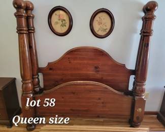 Queen cannonball bed, oval mahogany shadow box style framed prints