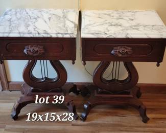Pair of Victorian marble top, harp base side tables