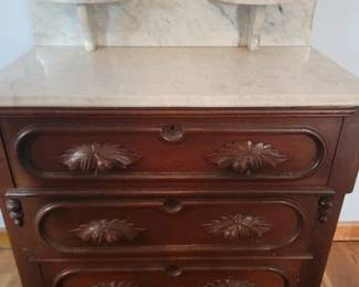 Victorian walnut washstand, marble top 3 drawer base with carved pulls