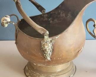 Copper coal bucket with blue/white porcelain handles