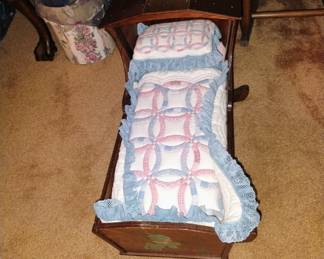 WOODEN DOLL CRADLE AND HAND MADE QUILT AND PILLOW