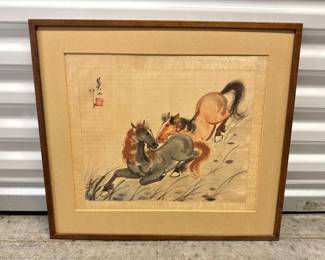 116 SignedAsianArtPairofGallopingHorsesFramedPainting