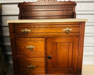 96 AntiqueStoneTopWashstandwCarvedWoodBacksplash