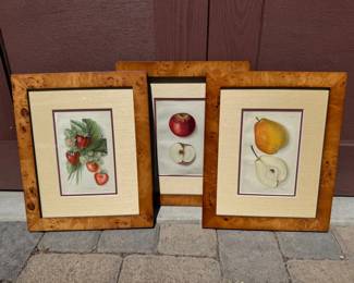 156 Setof3FramedVintageFruitPrintsinBurlWoodFrames