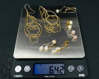113 14KGoldEarringCollectionGeometricStylePearls642grams
