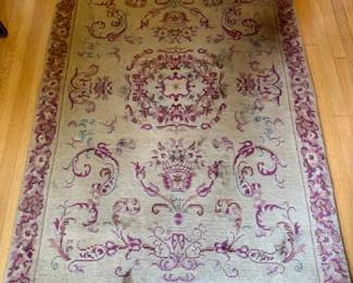 29 WoolAreaRugwFloralMedallionGreenishBrownWornPatina