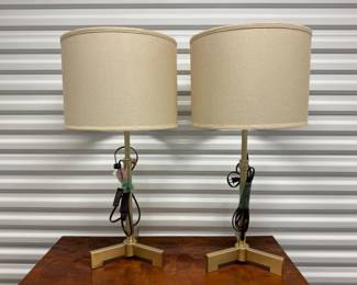 100 PairofModernGoldToneTableLampswBeigeDrumShades