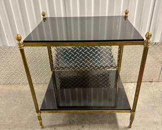 97 TwoTierSideTablewBlackStoneTopsGoldToneMetalFrame