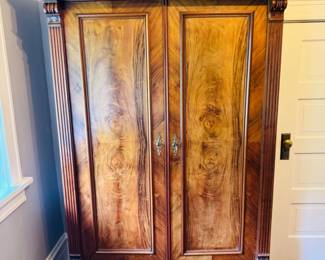 53 LargeAntiqueBurlwoodArmoirewOrnateHandlesSkeletonKey