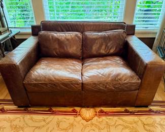 38 DistressedBrownLeatherLoveseatContemporaryBoxArmVintageStyle