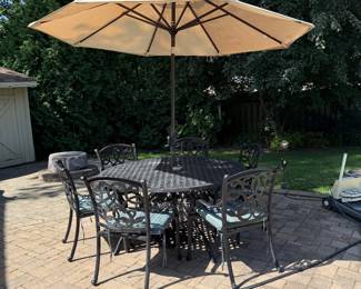 Wrought Iron patio table, 6 chairs, umbrella & stand