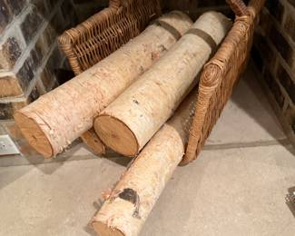 Rattan fireplace log basket & birch logs