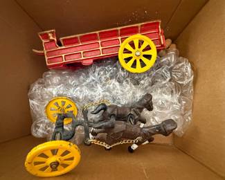 vintage/antique cast iron horses & wagon, & barrels