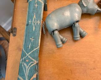 antique wooden sled toy; wooden elephant