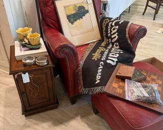 Red leather chair/ottoman, media cabinet, McCoy Pottery