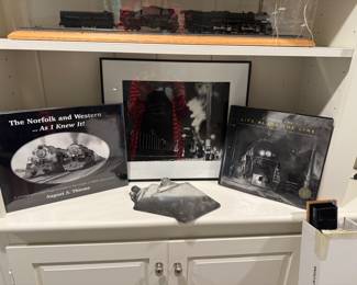 RR books, one unopened, black and white photo of steam engine