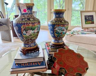 Cloisonne palace urns, chinoiserie box, contemporary glass top table