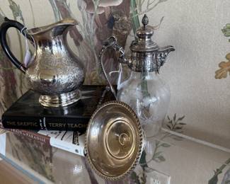 Etched glass decanter, silver plated pitcher with wooden handle