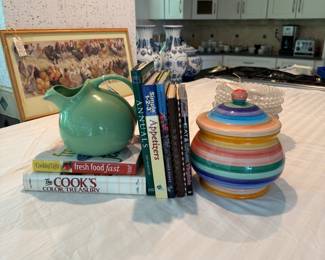 Vintae pitcher, cookbooks, cookie jar