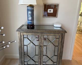 Asian infuenced hand painted lamp, mirrored cabinet