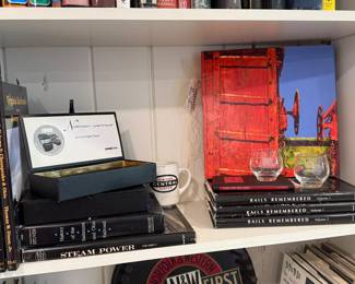 Norfolk Southern commemorative pins, Nancy Stark acrylic on board, Union Pacific highball glasses,