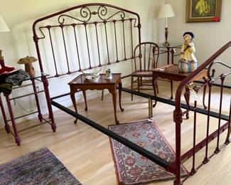 King size iron bed, matching tables, reproduction side tables, lamps, painted dimunitive Windsor chair 