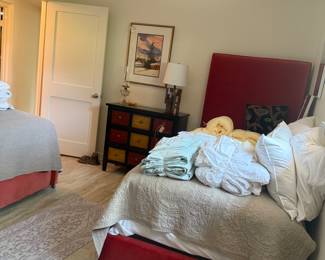 Pair of custom extra long twin beds, painted chest, miscellaneous linens