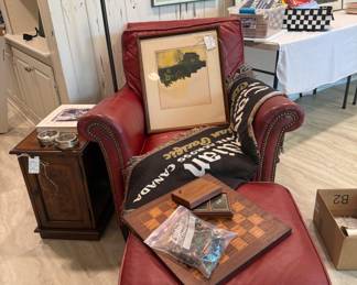 Red leather chair/ottoman, diminutive media cabinet, decorator floor lamp