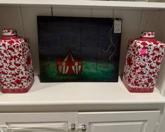 Pair contemporary square jars, Christopher Bruno Big Top painting