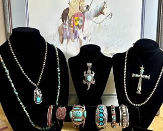 Native American, Zuni, Navajo, Signed, and Artisan Designed. Squash Blossoms, Navajo cuff watches, large and small cuff bracelets, buckles, bolo,necklaces, rings, pendants, chains, and more.