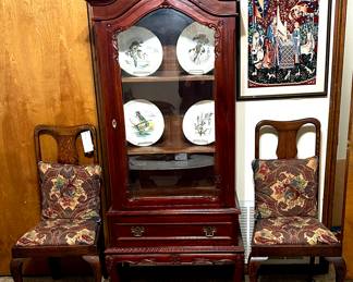 Chippendale style Cherry display cabinet on ball and claw feet. 1930s late Art Deco period upholstered chairs with matching corded pillows.