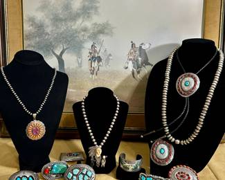 Native American, Zuni, Navajo, Signed, and Artisan Designed. Squash Blossoms, Navajo cuff watches, large and small cuff bracelets, buckles, bolo,necklaces, rings, pendants, chains, and more.