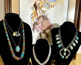 Native American, Zuni, Navajo, Signed, and Artisan Designed. Squash Blossoms, Navajo cuff watches, large and small cuff bracelets, buckles, bolo,necklaces, rings, pendants, chains, and more.