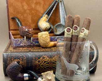 A fine collection of Meershaum, Irish, Italian and French pipes. Scully and Scully wildlife beer mug, one of eight.