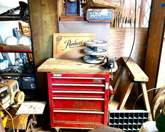 Vintage Craftsman 5 drawer rolling tool storage with custom wood top and vise.