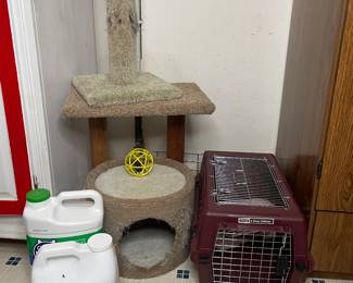 Cat trees, carrier, and supplies