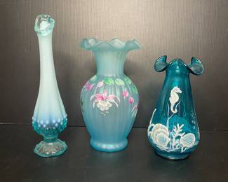 Fenton blue glass vases: Sea horse art glass, Satin hummingbird, hobnail milk glass