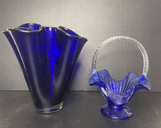 Cobalt Handkerchief vase & Fenton glass basket