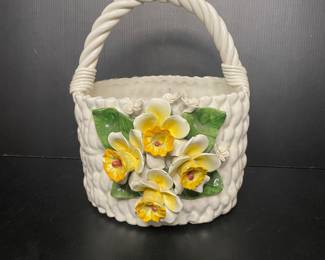 Floral porcelain basket vtg