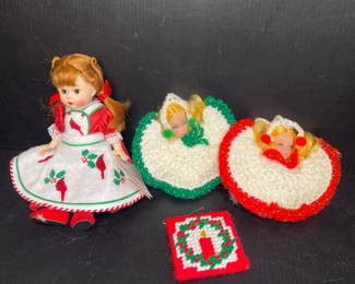 Vintage holiday needlepoint decor & Madame Alexander doll