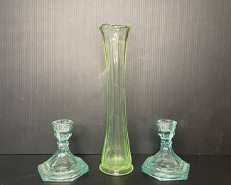 Vintage green glass vase & candlesticks