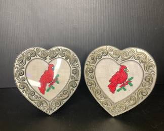 Framed needlepoint cardinals vtg