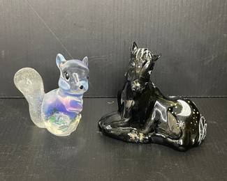 Fenton painted ebony unicorn & opalescent squirrel figurines