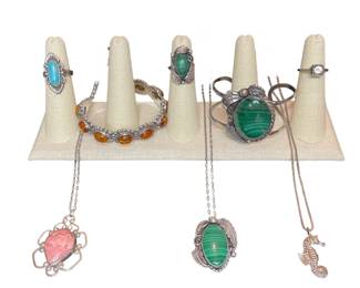 Sterling silver jewelry some amber & malachite vintage