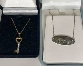 14k and diamond key and 14k gold nameplate necklaces