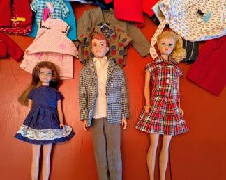 1960"s Barbie, Ken and Skipper; Barbie and Skipper's hair is good condition; wardrobe includes some original and custom handmade clothes