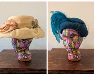 Vintage Straw Hat with Organza flowers, Vintage Felt Hat with Veil and Feathers